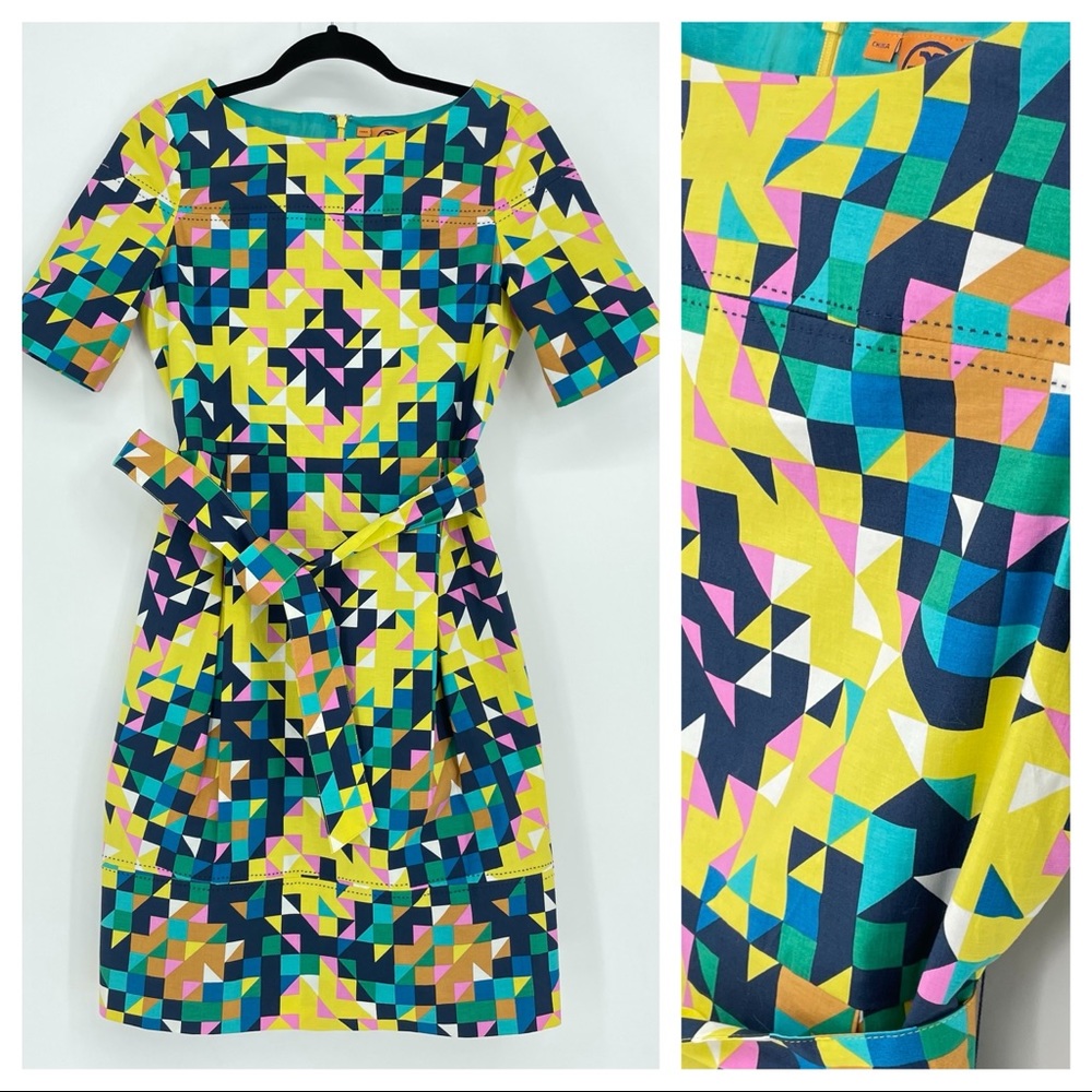 Tory Burch Geometric Belted Dress Cotton Summer Short Sleeve Multi-Color Vintage